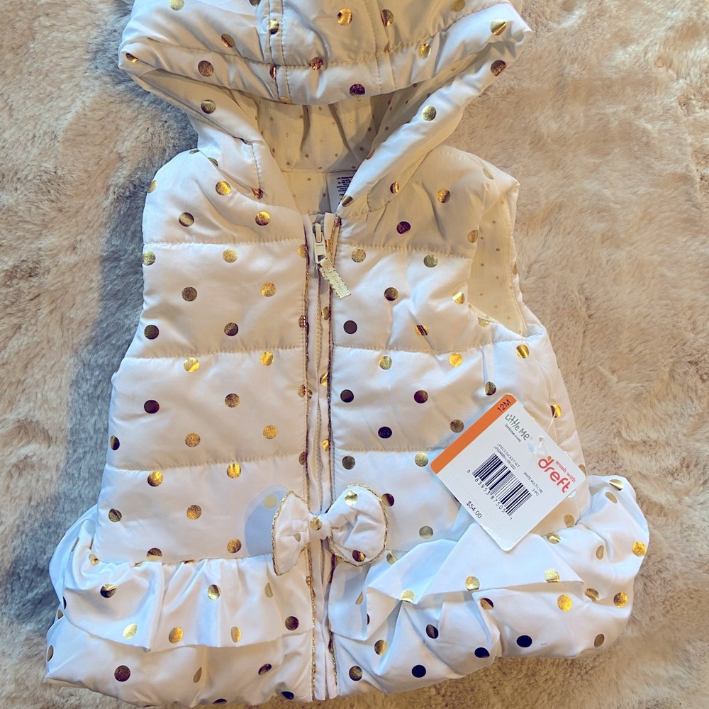 White and gold Little Me hooded puffer vest w ruffles and bow - NWT - 12 months